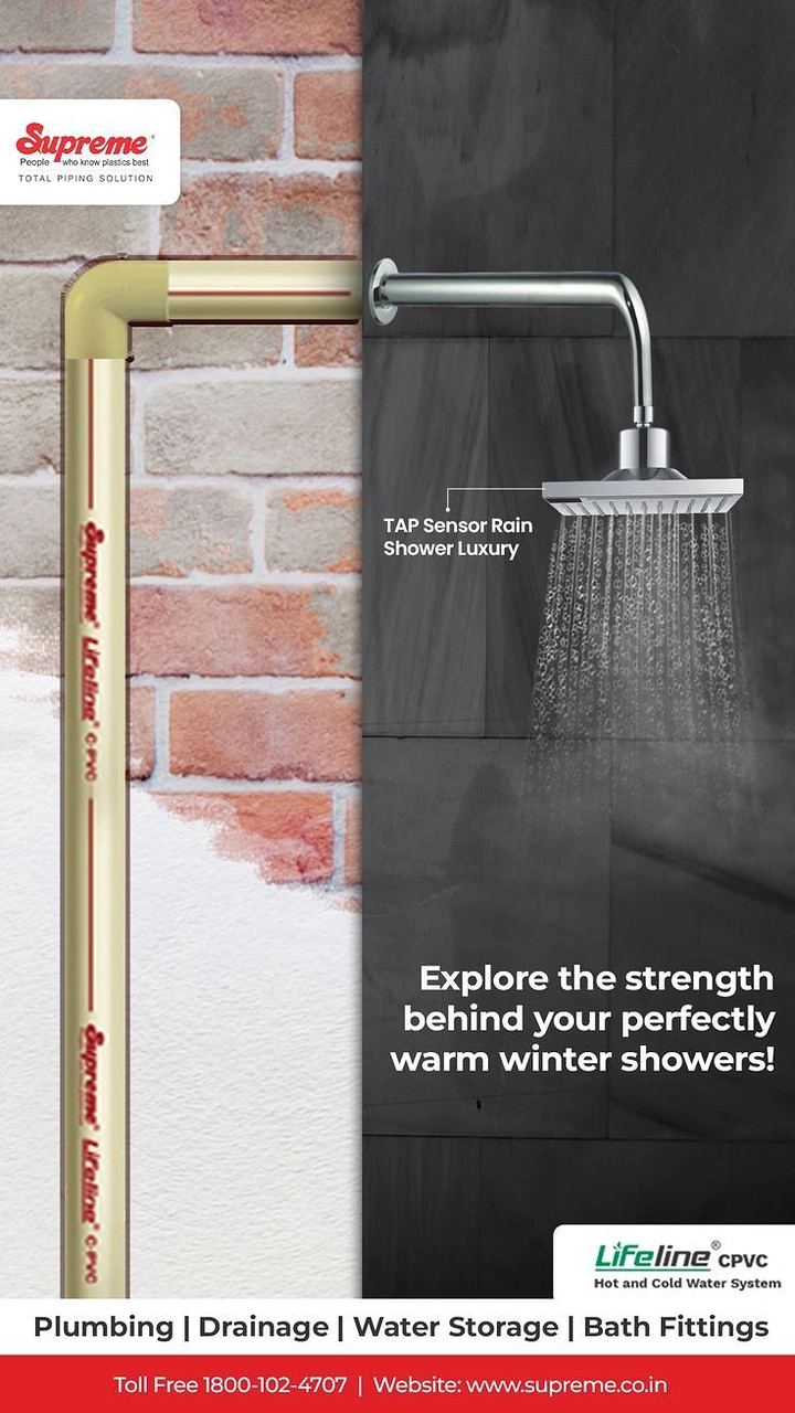 Plumbers creative ad: Pipe behind wall cutaway feeding shower
