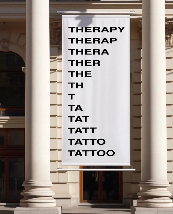 Tattoo Studios creative ad: Typographic cascade morphing THERAPY into TATTOO