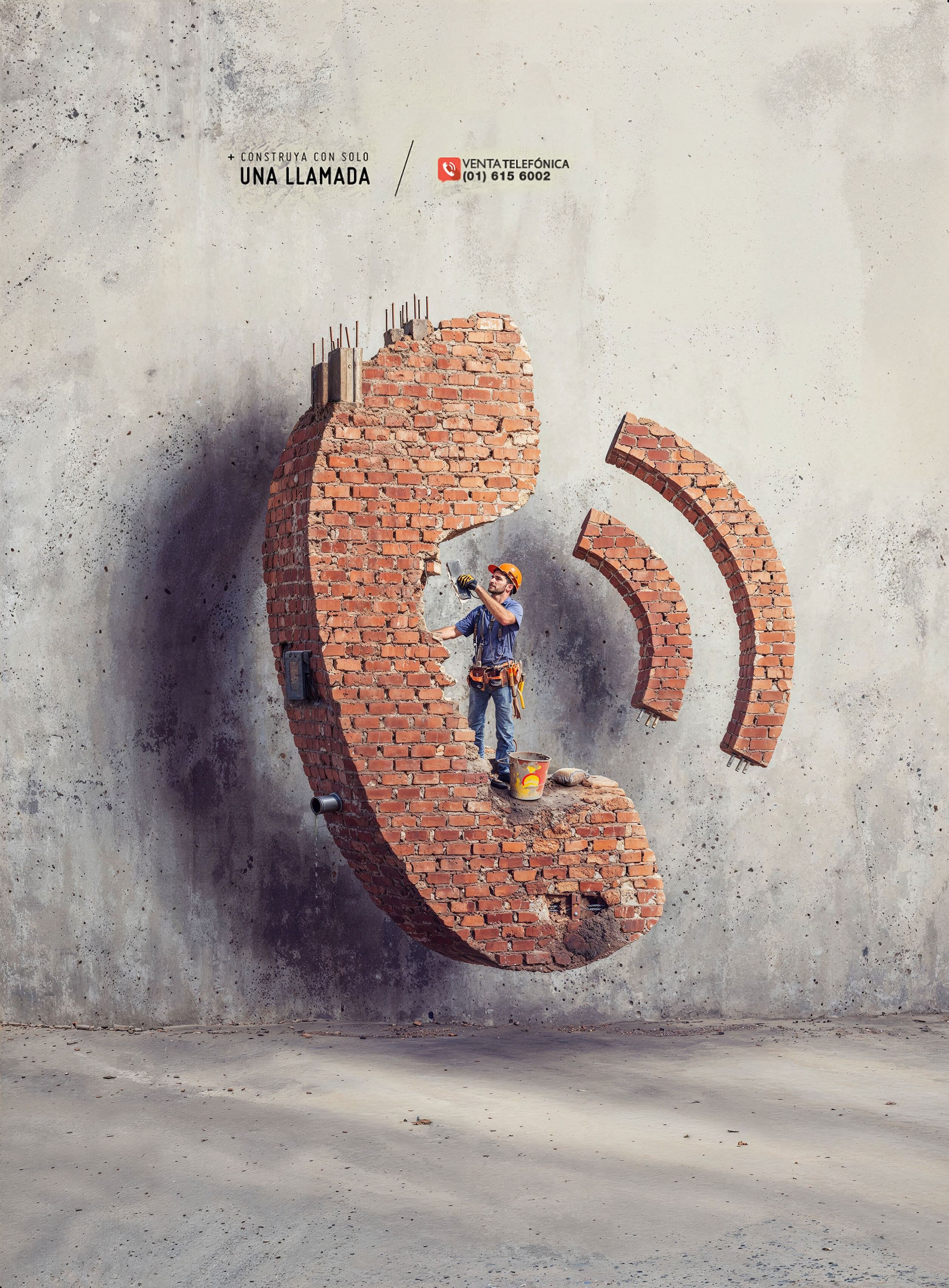 Poster: Brick-built phone handset with a mason working inside it