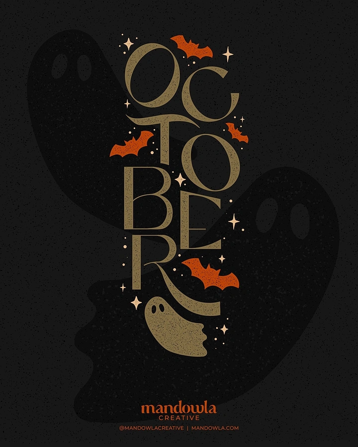 Halloween creative ad: Stacked vertical OCTOBER lettering with ghosts