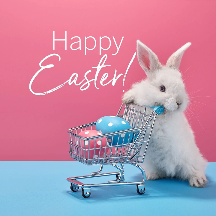Easter creative ad: White bunny pushing a miniature shopping cart of polka-dot eggs