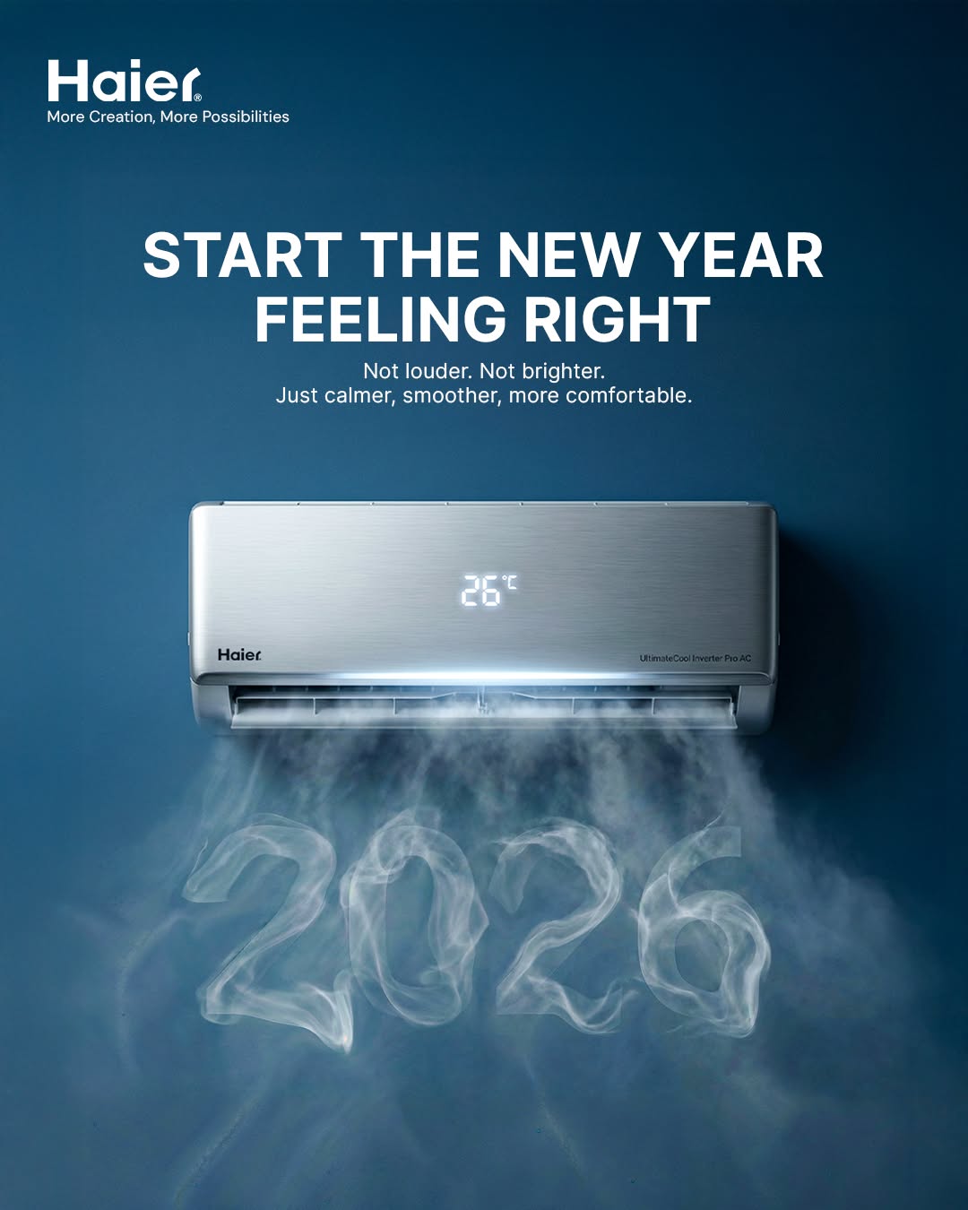 New Year Instagram post: Wall-mounted AC blowing mist that forms the year 2026