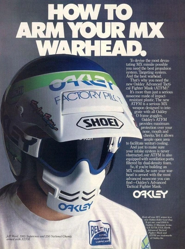 Helmets & Riding Gear creative ad: Motocross rider in a white helmet with a futuristic face-guard mask