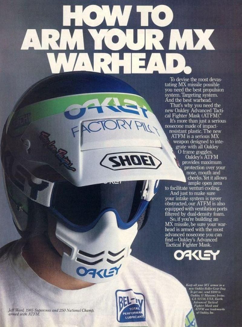 Poster: Motocross rider in a white helmet with a futuristic face-guard mask