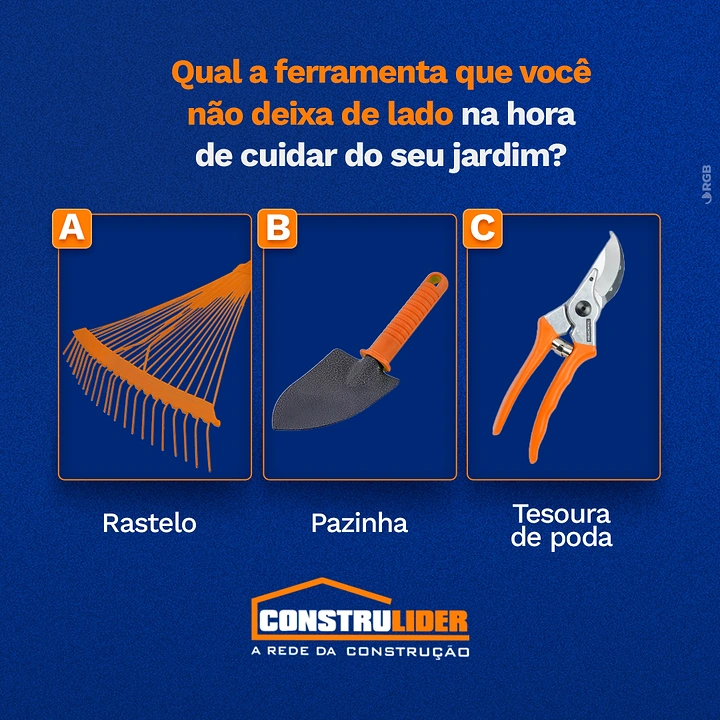 Landscaping & Gardening creative ad: Three garden tools presented as a multiple-choice quiz