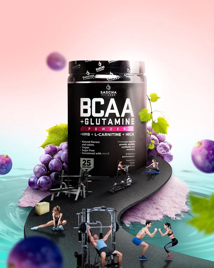 Supplements & Protein creative ad: Black BCAA tub with a winding road of miniature people working out around it