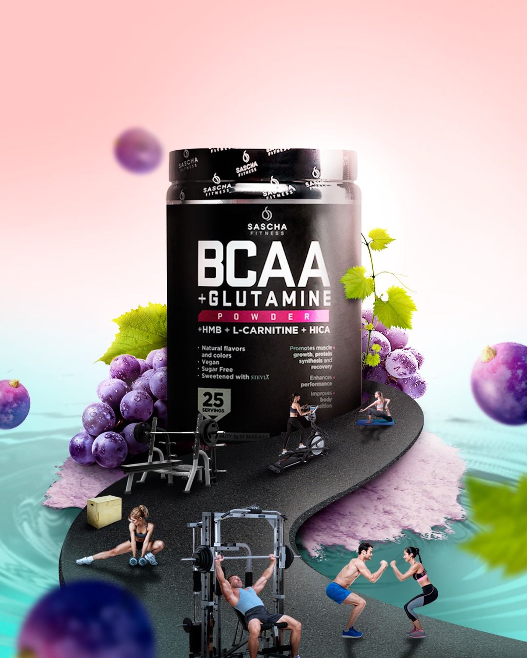 Instagram post: Black BCAA tub with a winding road of miniature people working out around it