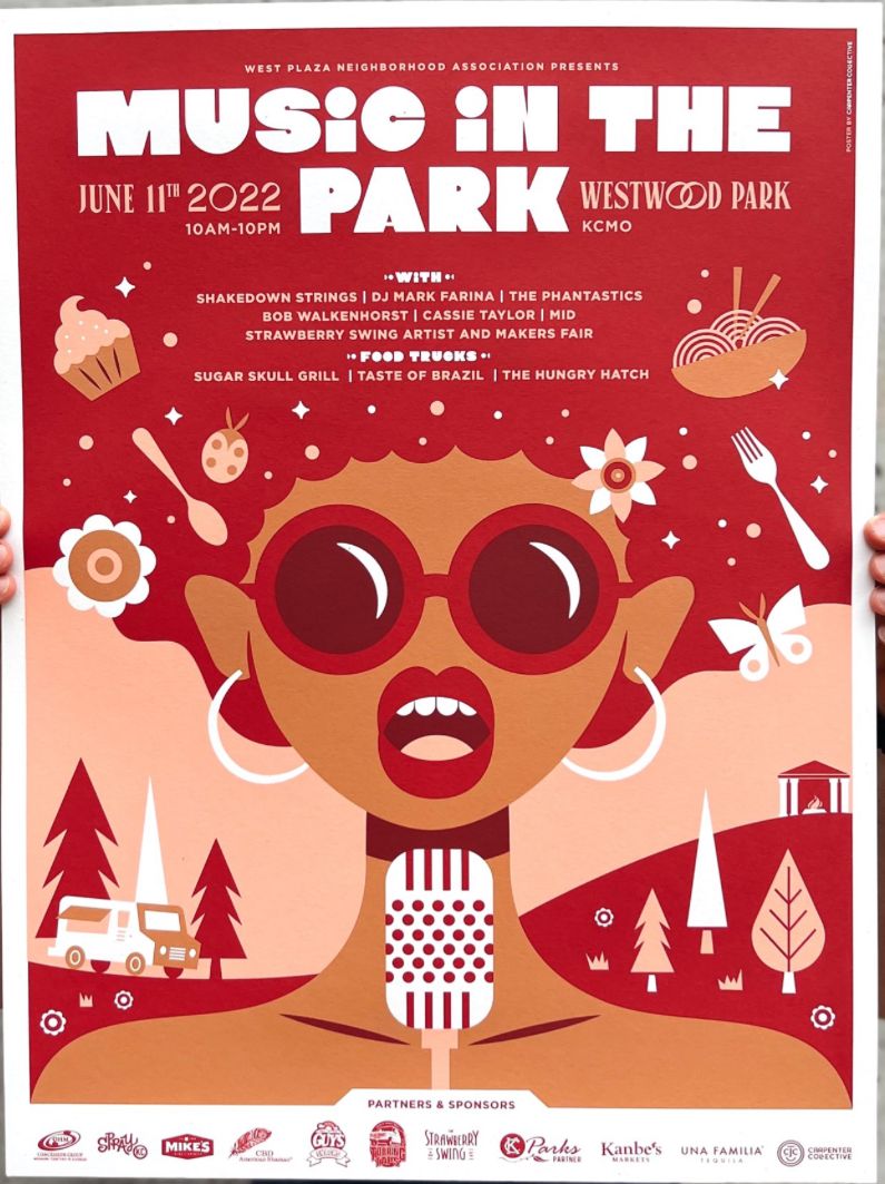 Poster: Stylised singer with big red sunglasses and afro hair singing into a mic