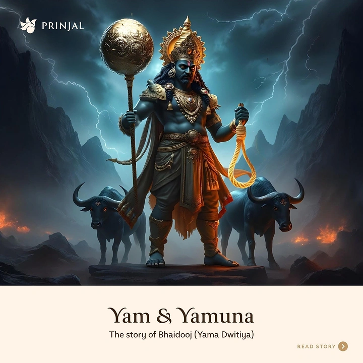 Bhai Dooj creative ad: Painted Yama-Yamuna myth storytelling carousel cover