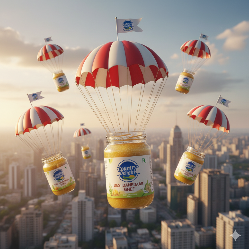 Instagram post: Ghee jars parachuting into city