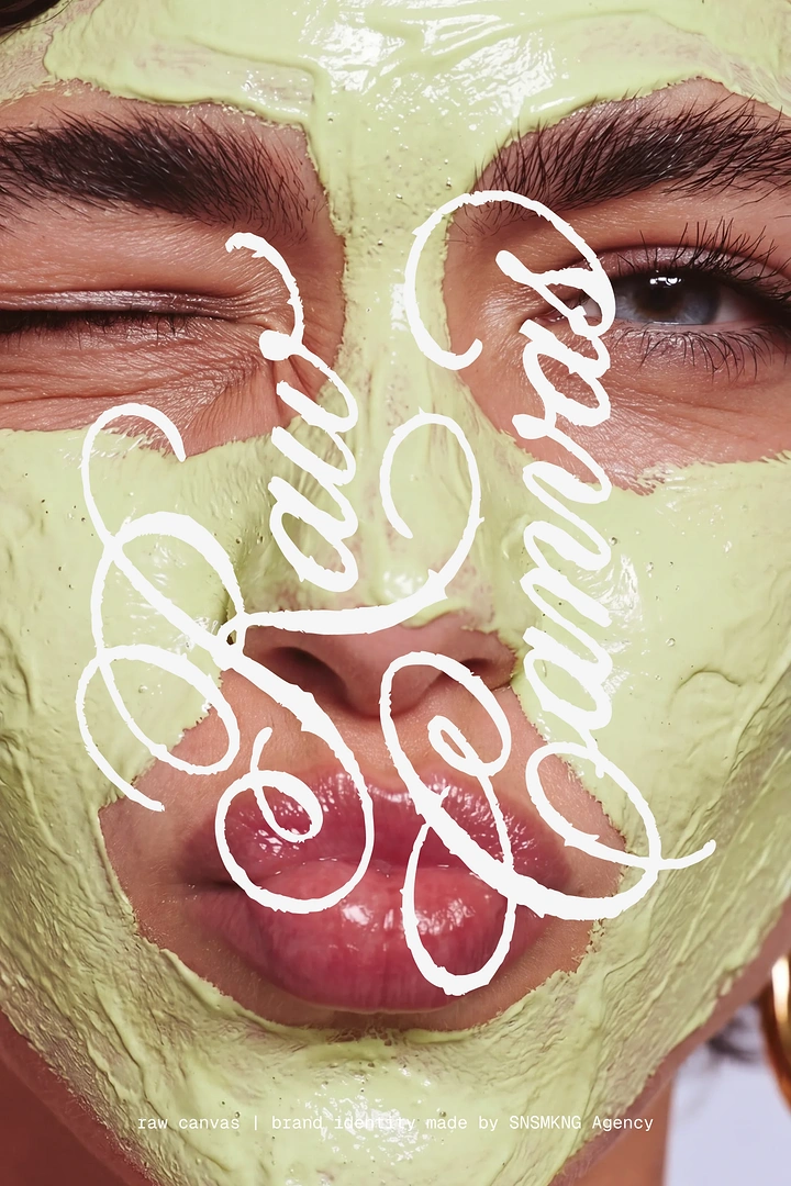Skincare & Cosmetics creative ad: Winking face in green clay mask with script overlay
