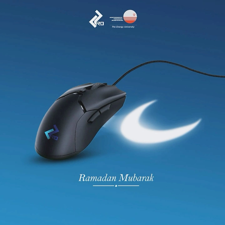Ramadan creative ad: Black gaming mouse with a glowing crescent moon as its light trail