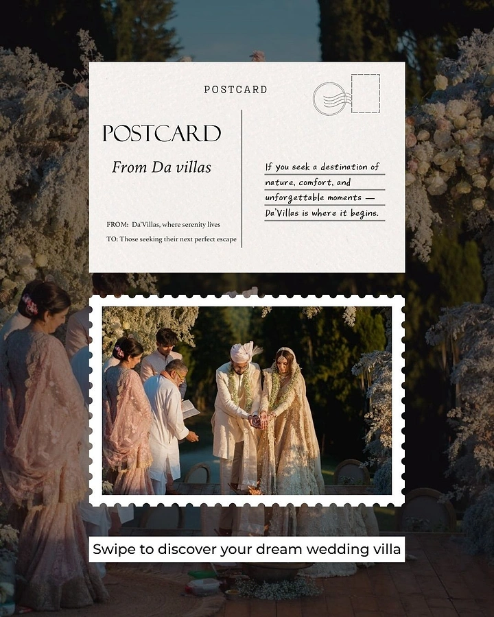 Banquet Halls & Venues creative ad: Postcard and stamp framing villa wedding