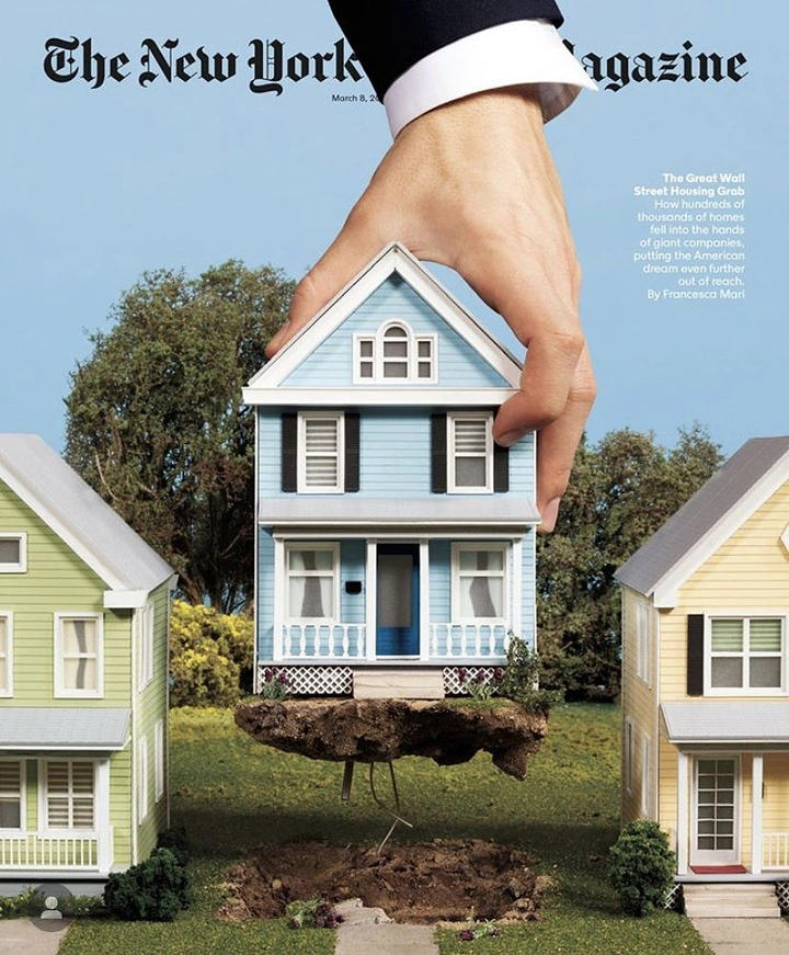 Real Estate creative ad: A giant suited hand plucking a miniature blue house out of the ground