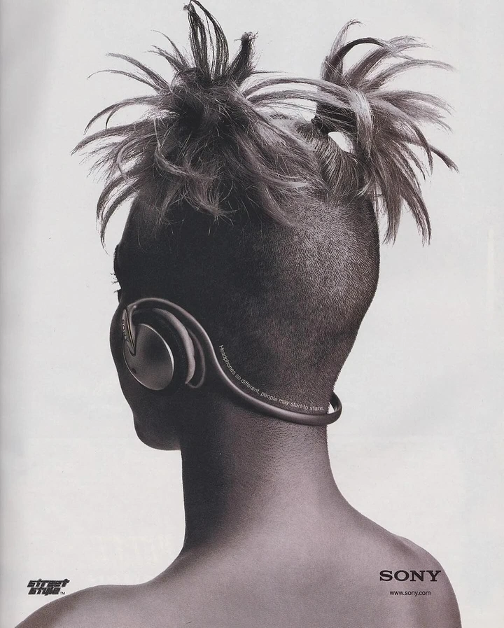Headphones & Speakers creative ad: Sculptural hairstyle turns headphone ad distinctive