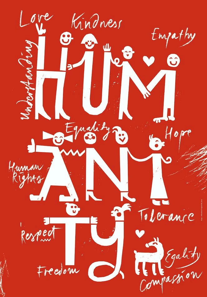 Creative ad: The word HUMANITY built from letter-shaped cartoon people