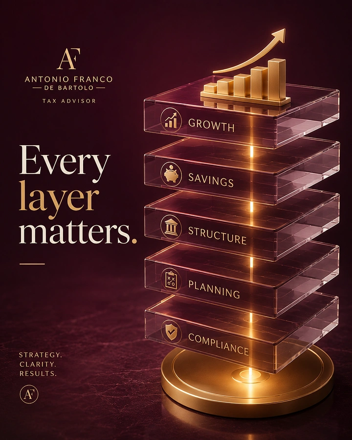 Accountants & Tax Services creative ad: Stacked labelled glass tiers with a gold growth chart on top