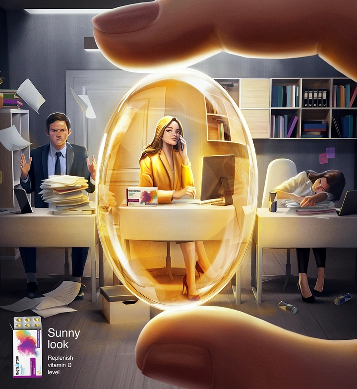 Pharma creative ad: Fingers pinching a golden vitamin capsule that frames a glowing, confident office worker