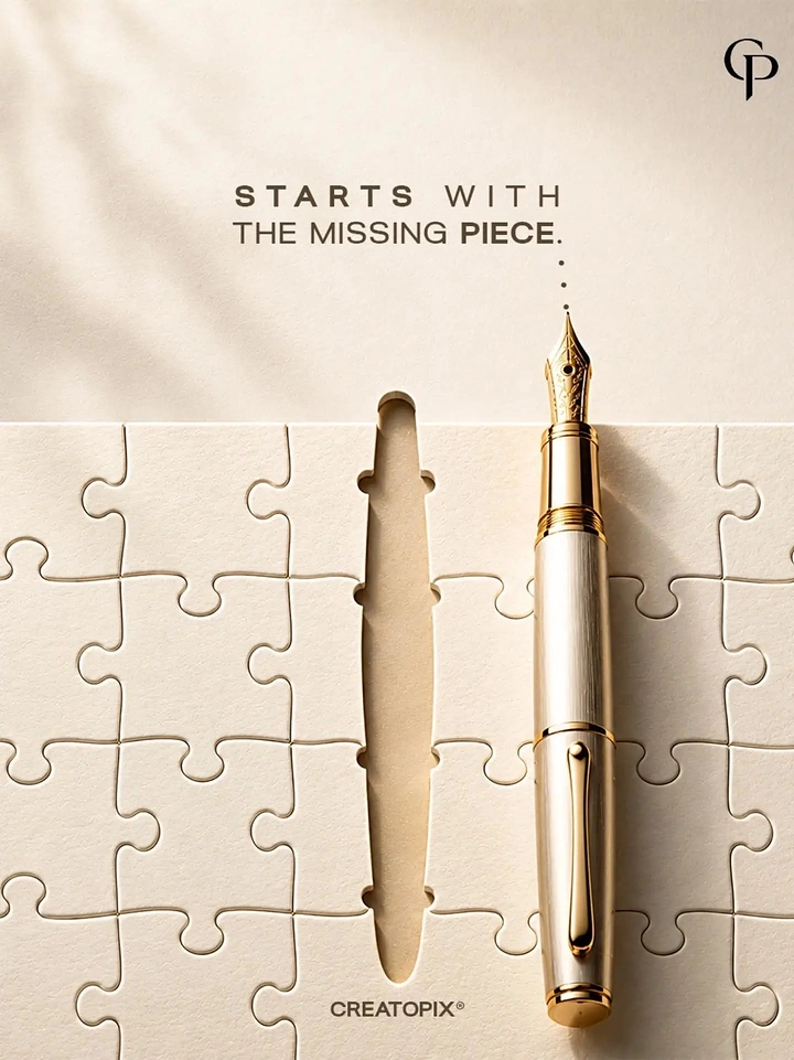 Watches & Accessories creative ad: Gold-trimmed fountain pen beside its missing-piece cutout in a cream puzzle