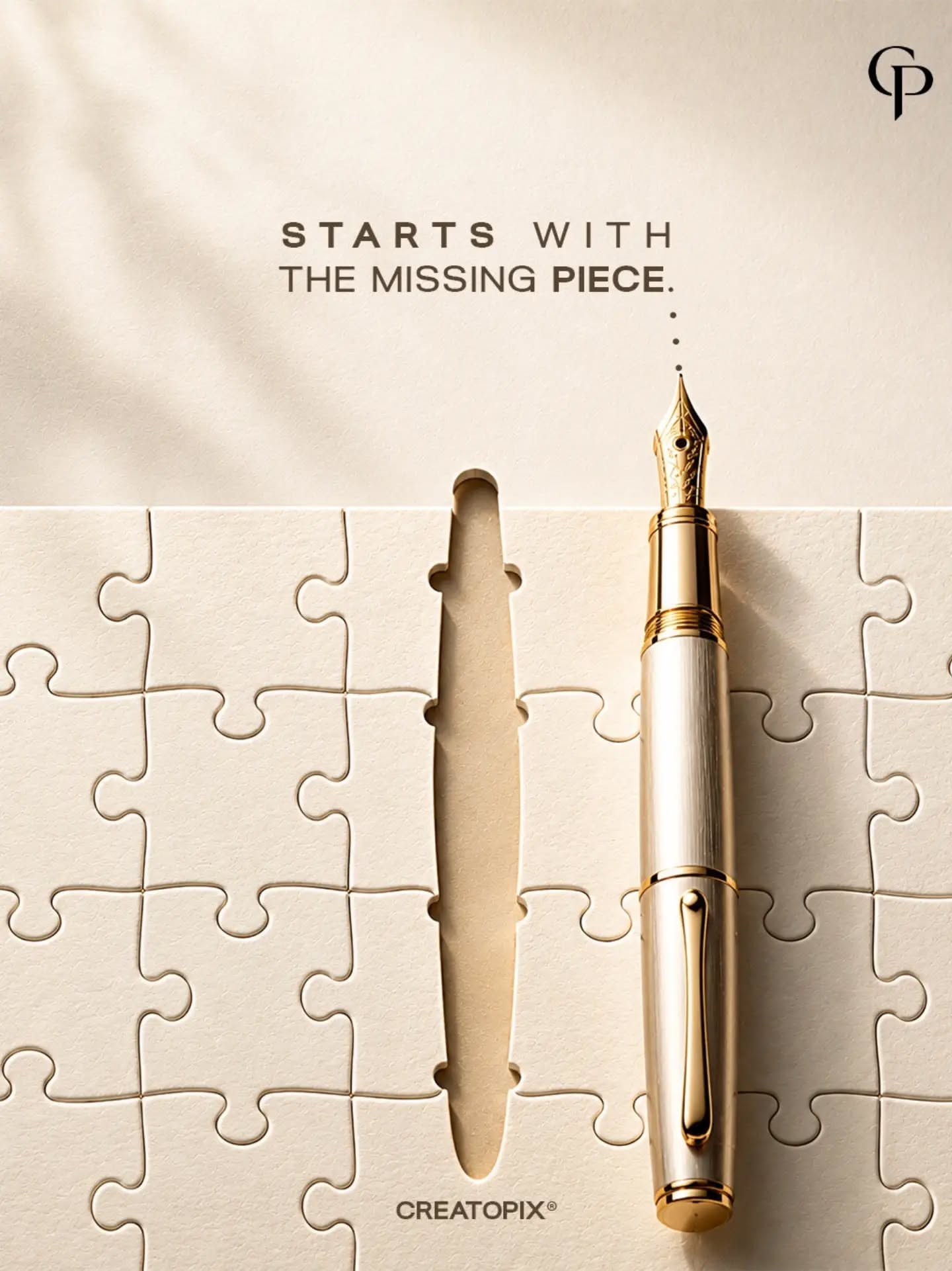 Instagram post: Gold-trimmed fountain pen beside its missing-piece cutout in a cream puzzle