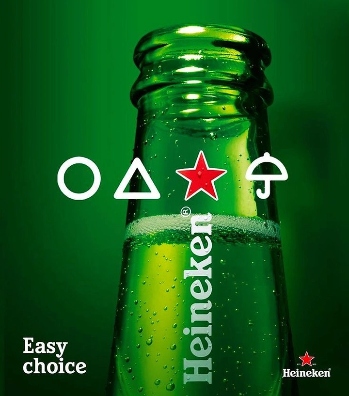 Beer, Wine & Spirits creative ad: Close-up of green beer bottle neck with pop-culture shape icons
