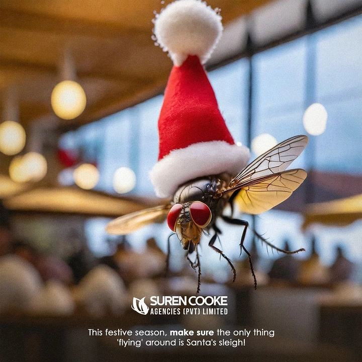 Pest Control creative ad: Santa-hat fly, only Santa's sleigh flying