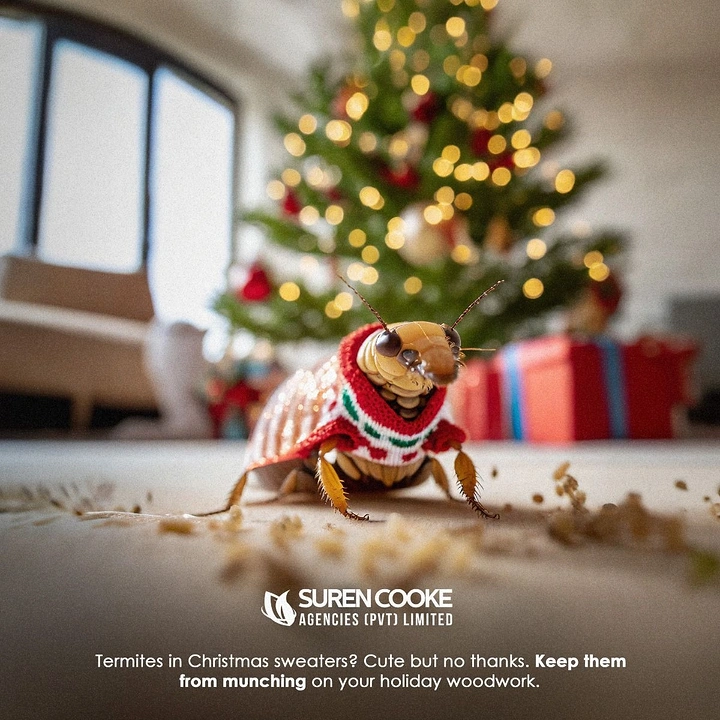 Pest Control creative ad: Termite in Christmas sweater munching woodwork