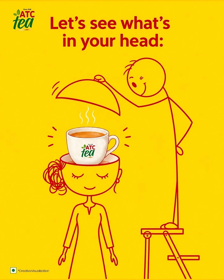 Tea & Chai Brands creative ad: Tea cup lifted from head, line art
