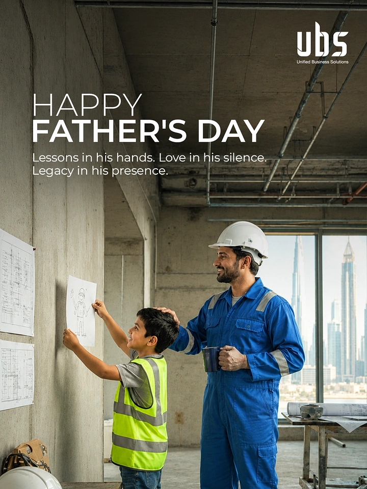 Father's Day creative ad: Engineer father with son pinning a drawing at a construction site