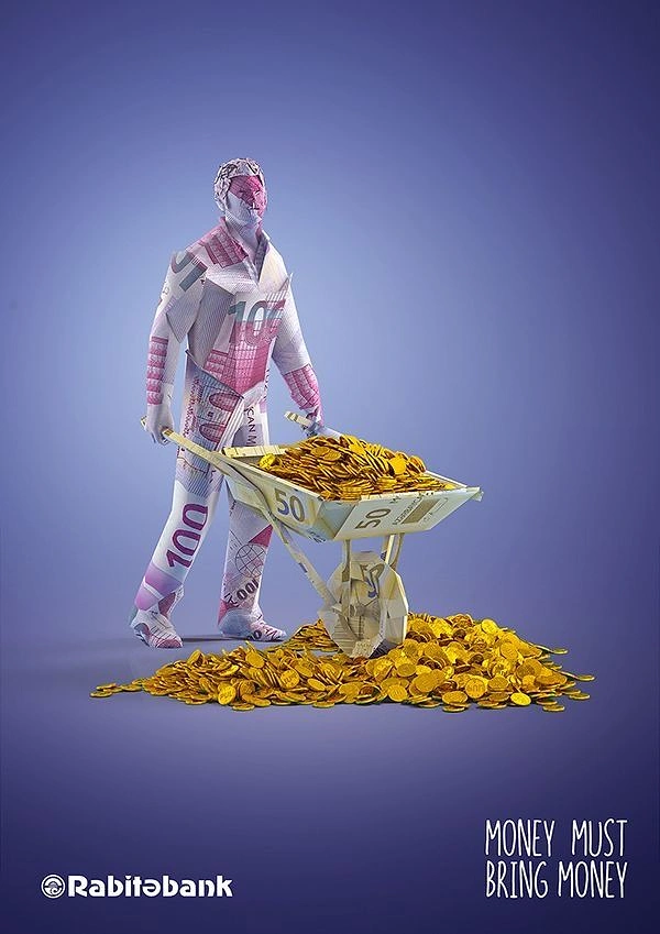 Finance & Banking creative ad: Figure folded from banknotes pushing a wheelbarrow of gold coins