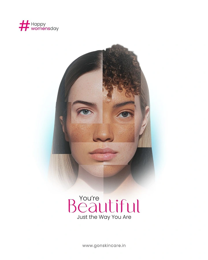 Women's Day creative ad: Composite face stitched from diverse women's skin tones and textures
