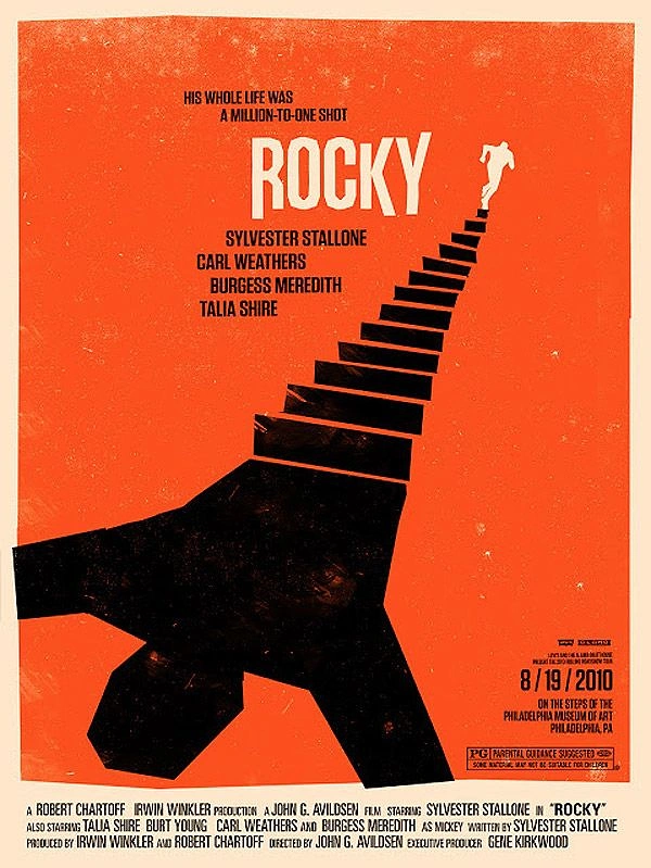 Cinemas & Movie Theatres creative ad: Black staircase rising from a fist silhouette to a tiny runner