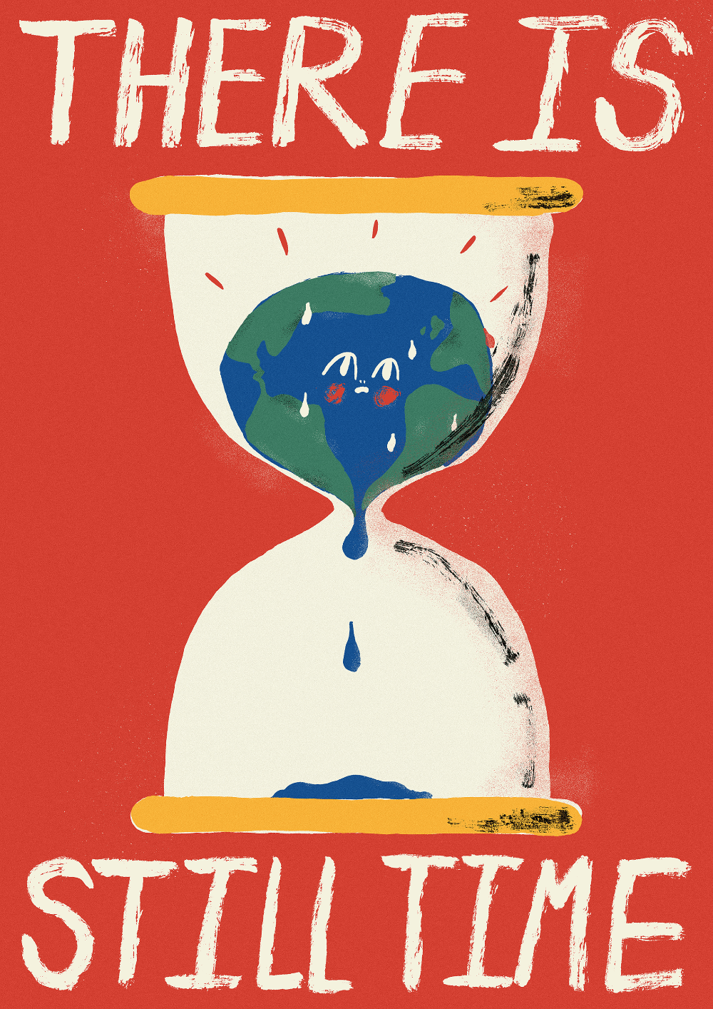 Poster: Crying cartoon Earth melting inside an hourglass
