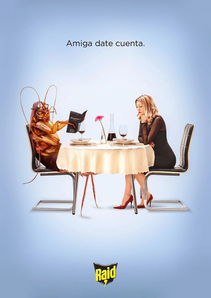 Pest Control creative ad: Woman on a dinner date with a giant cockroach