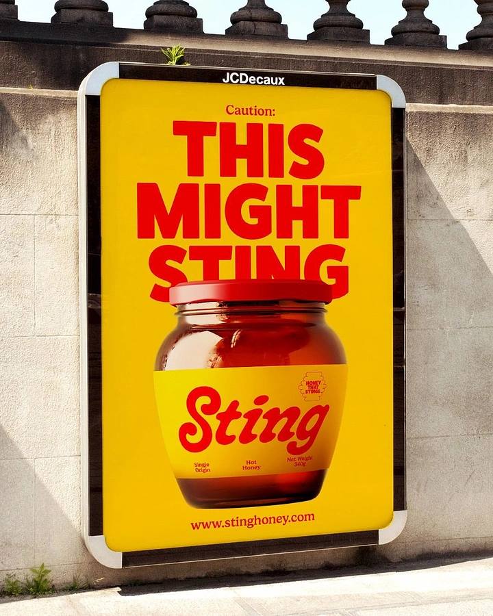 Honey Brands creative ad: Amber hot-honey jar with a red lid partly covering a big headline