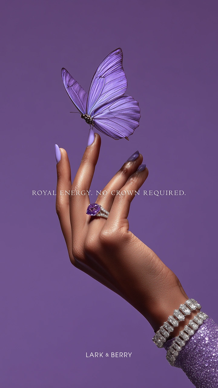Jewellery creative ad: Elegant hand with an amethyst ring touching a purple butterfly
