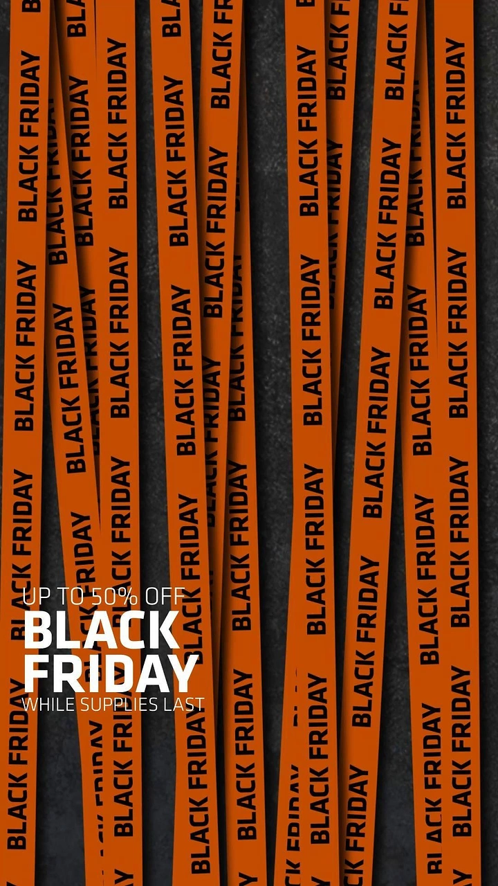 Black Friday creative ad: Vertical orange caution-style tape strips printed with repeated sale text