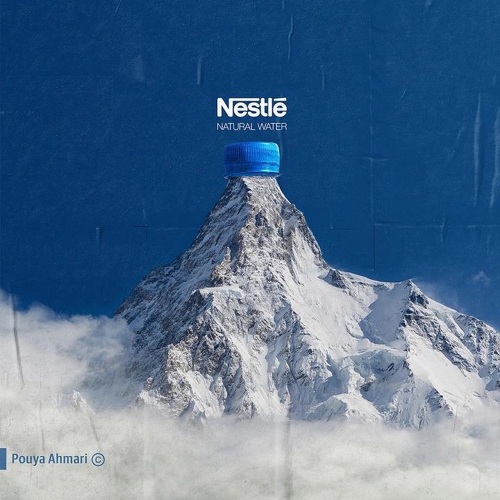 Packaged Drinking Water creative ad: Bottle transformed into a mountain peak
