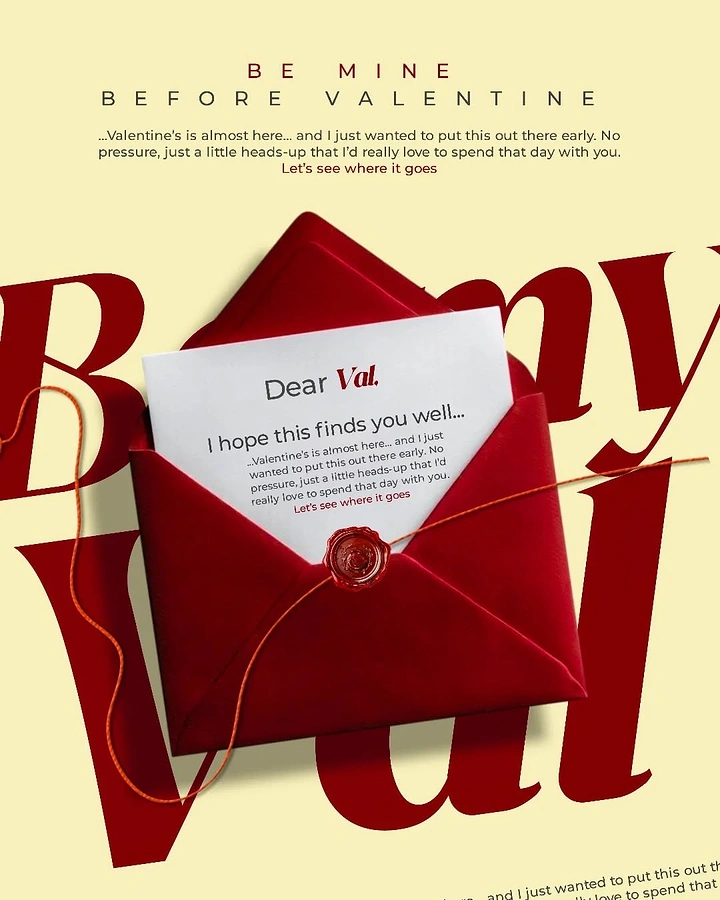Valentine's Day creative ad: Open red envelope with a letter and wax seal over giant red serif letters