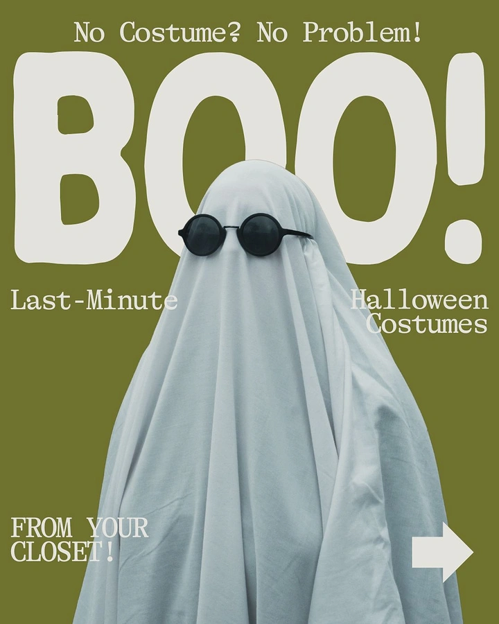Halloween creative ad: Person in a white bedsheet ghost costume with round sunglasses