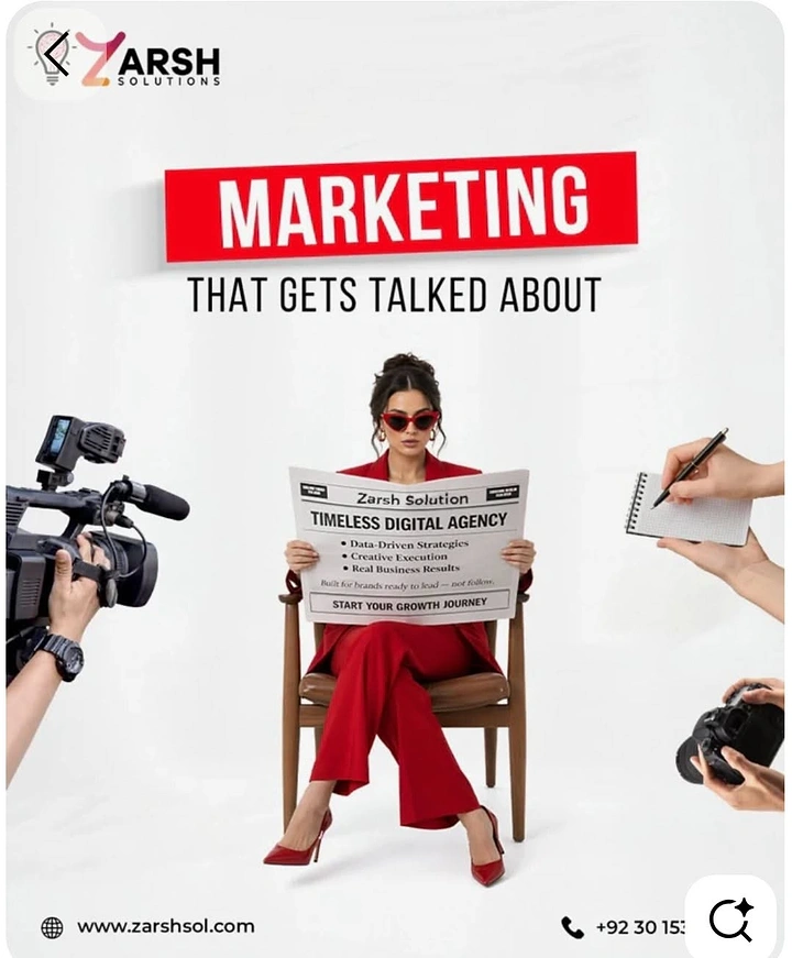 Agency creative ad: Woman reading agency newspaper amid press hands