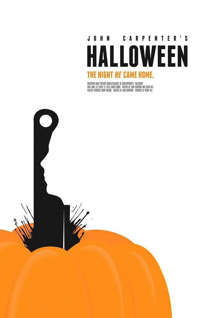 Halloween creative ad: Knife stabbed into an orange pumpkin, with a face profile hidden in the blade
