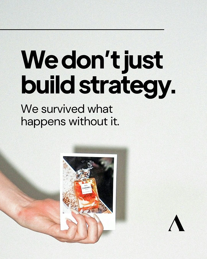Agency creative ad: Witty strategy copy, clean minimal layout
