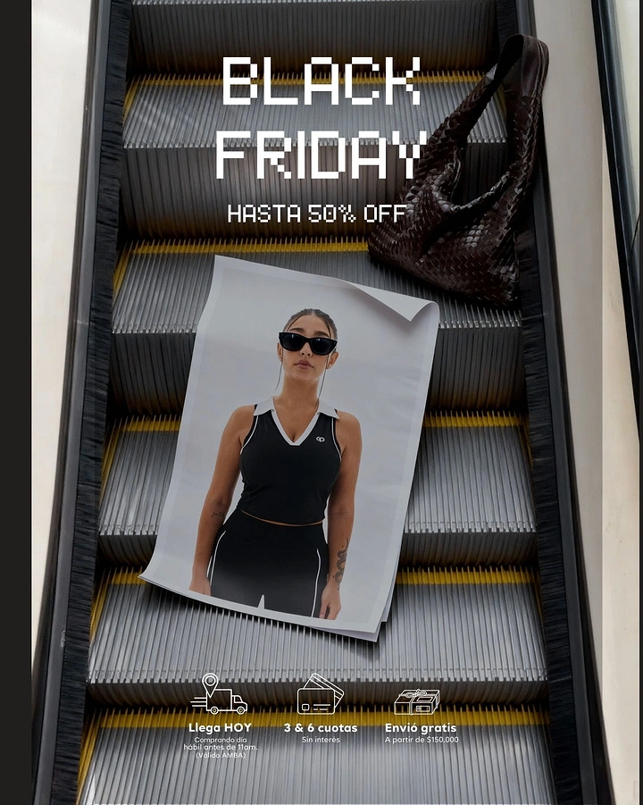 Black Friday creative ad: Printed fashion poster of a model in black activewear lying on escalator steps