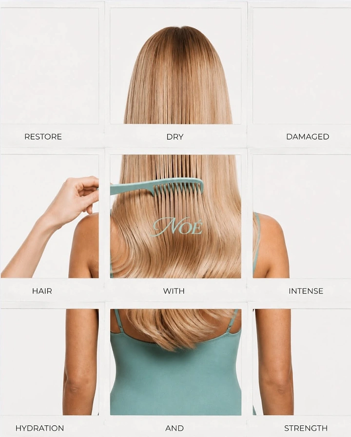 Creative ad: Back view of woman's long blonde hair being combed, split across a 3x3 frame grid