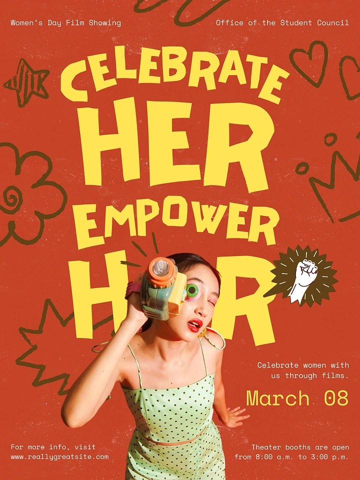 Women's Day creative ad: Woman in polka-dot dress holding toy camera to eye