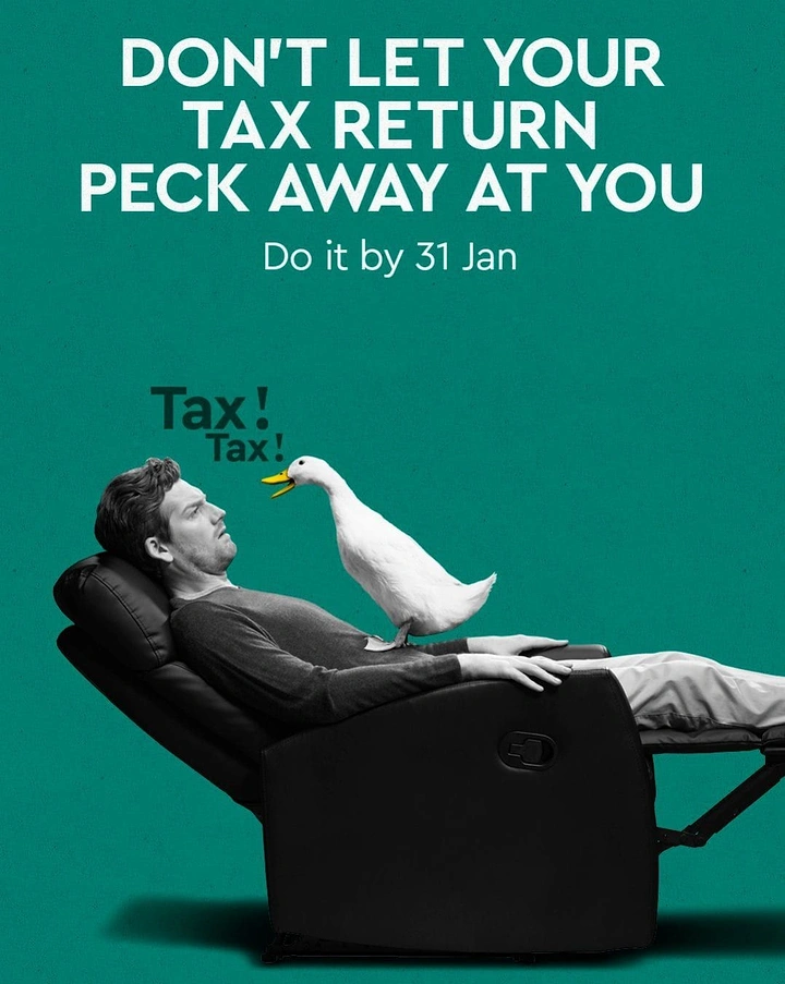 Accountants & Tax Services creative ad: Man in recliner being quacked at by a white duck