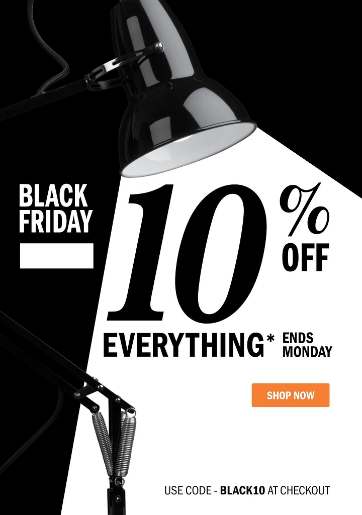 Black Friday creative ad: Black glossy anglepoise lamp casting a white light beam