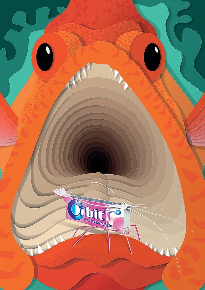 Chewing Gum & Mints creative ad: Orbit product embedded in striking shark mouth