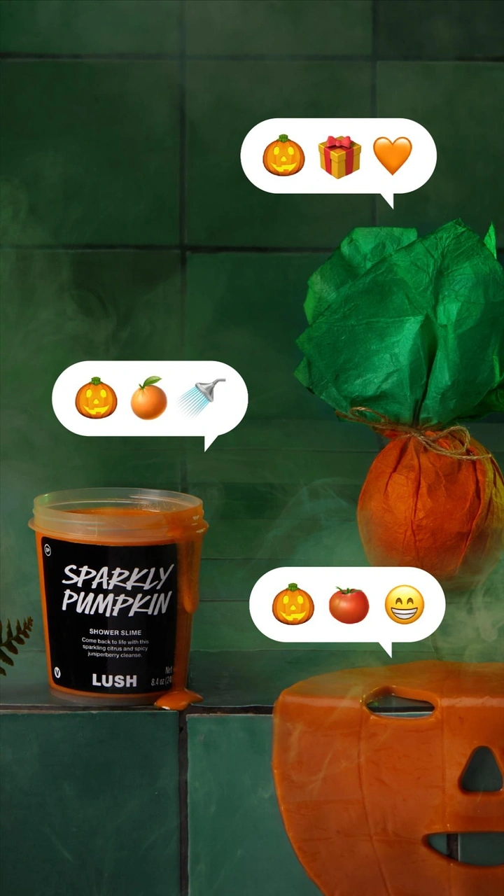 Halloween creative ad: Orange pumpkin shower-slime tub on moody green tile with mist